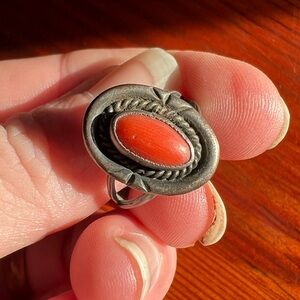 Vintage (antique?) Navajo coral ring, silver and red coral ring, southwestern
